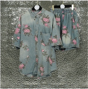 Orofeng Retro Fashion Denim Suit for Women Autum New Niche Design Flower Shirt with Elastic Waist Shorts