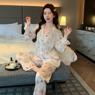 2026睡衣女士卡通蛋糕小熊早春款冰丝可爱长袖套装外穿舒适家居服
