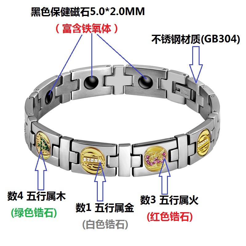 In-Stock Cnc Colorful Zircon Digital Energy Men's Bracelet Titanium Steel Bracelet Amazon Magnetic Health Care Japanese and Korean Jewelry