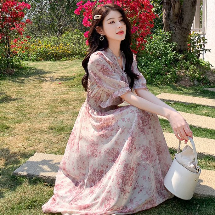 European and American Summer Thin Sweet Ruffled Short-Sleeved Floral Skirt Women's Chiffon Loose Large Size Gentle Style Dress European and American Summer Thin Sweet Ruffled Short-Sleeved Floral Skirt Women's Chiffon Loose Large Size Gentle Style Dress