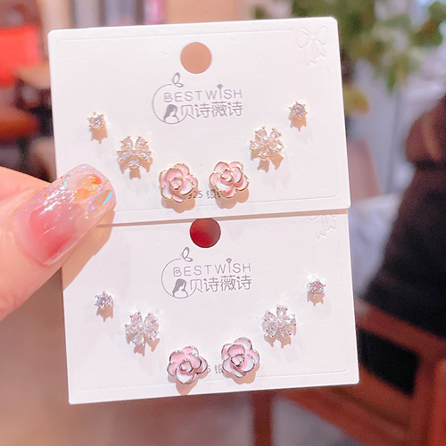 Exquisite glazed flower small earrings set of six pieces, women's silver needle mini cute earrings and earrings