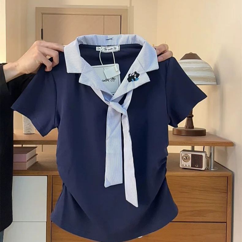 Korean-Style College-Style Striped Tie-Neck Short-Sleeve Women's 2026 Summer Cute and Unique Age-Reducing Regular Shoulder Short T-Shirt Korean-Style College-Style Striped Tie-Neck Short-Sleeve Women's 2026 Summer Cute and Unique Age-Reducing Regular Shoulder Short T-Shirt