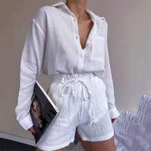 欧美女装套装纯棉2024夏季气质翻领长袖衬衫高腰插袋短裤两件套