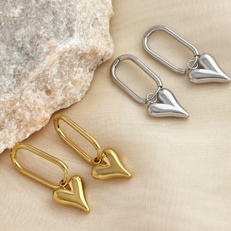 PVD Coated Real Gold Plated Geometric Heart Shape 304 Stainless Steel Vintage Style Classic Waterproof Non Tarnish Charm Sleeper Hoop Earrings Drop display picture 3