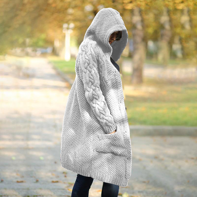 Women's Clothing autumn and winter thickened sweater cardigan hooded long knitted sweater large size women's coat thick _voghion.com