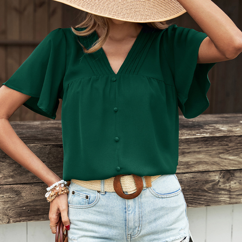 Solid Color V-neck Folds Shirt_voghion.com