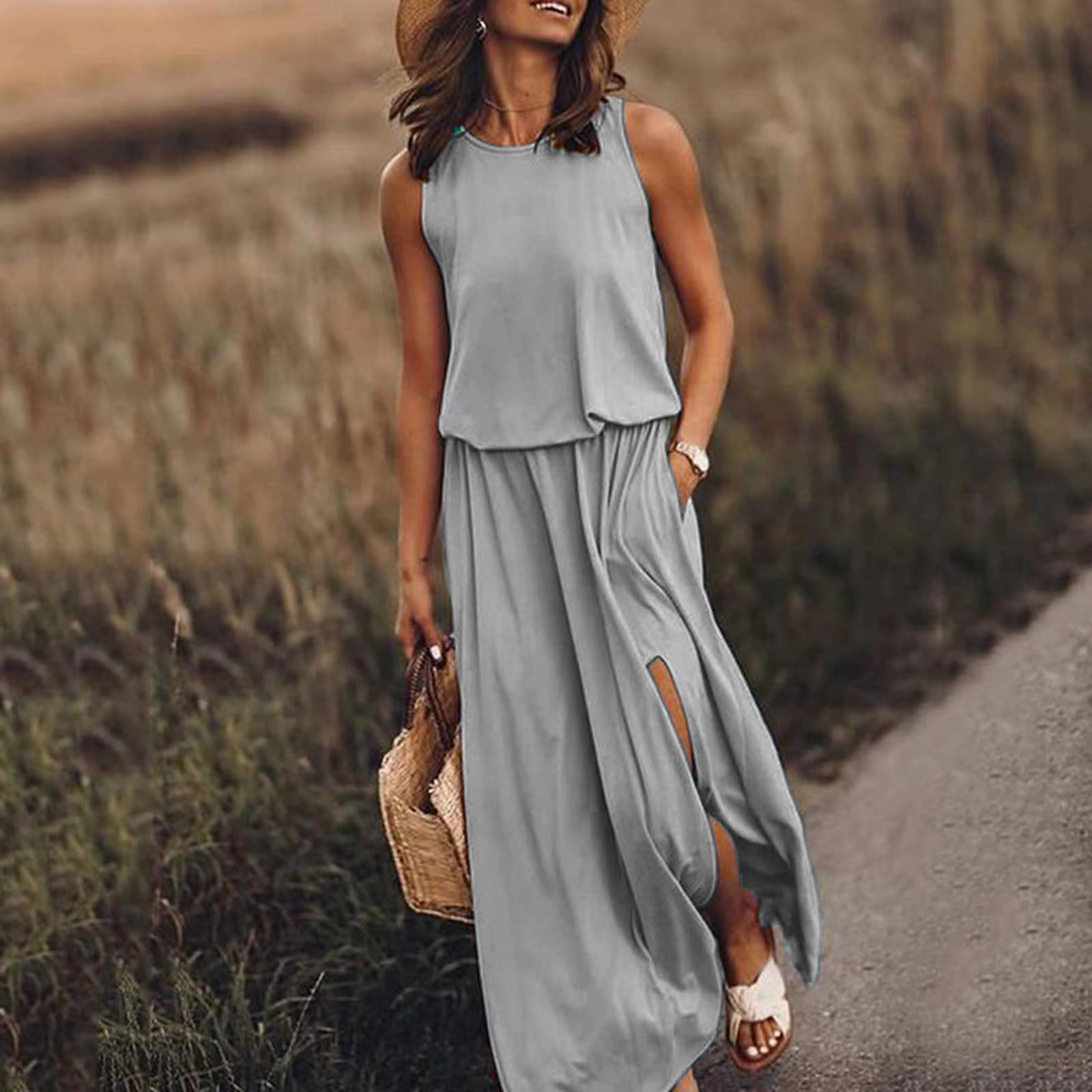 2026 Summer European And American Cross-Border New Vacation Style Solid Color Round Neck Sleeveless Lantern Split Hem_ecoleips.com