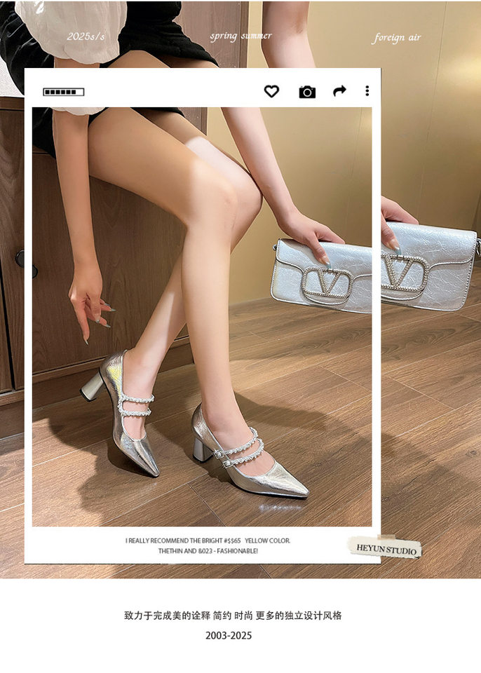 Giày cao gót nữ mũi nhọn gót 6–8 cm khóa đôi da mềm — Màu bạc, Màu trắng be chi tiết 3