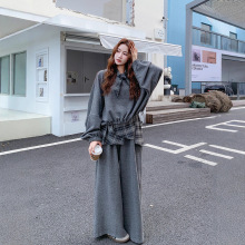 灰色独特超好看休闲卫衣套装女秋季2025新款格子拼接阔腿裤两件套