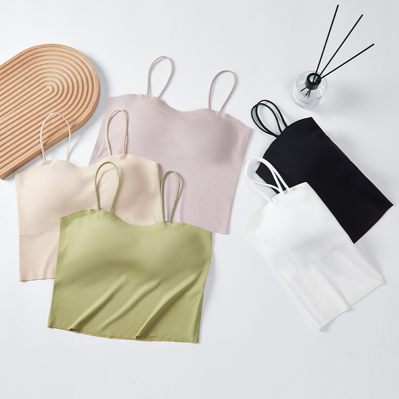 슬링 속옷 벨트 가슴 패드 아이스 실크 비 마킹 아름다운 등받이 착용 프리 브라 원피스 여성용 베이스 아우터 착용 흰색 조끼 여름