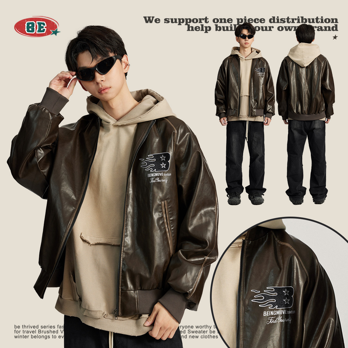 BE ropa de hombre | Chaqueta de cuero estilo motociclista con cuello alto, estilo retro bomber, estilo granero para hombre, primavera 2025
