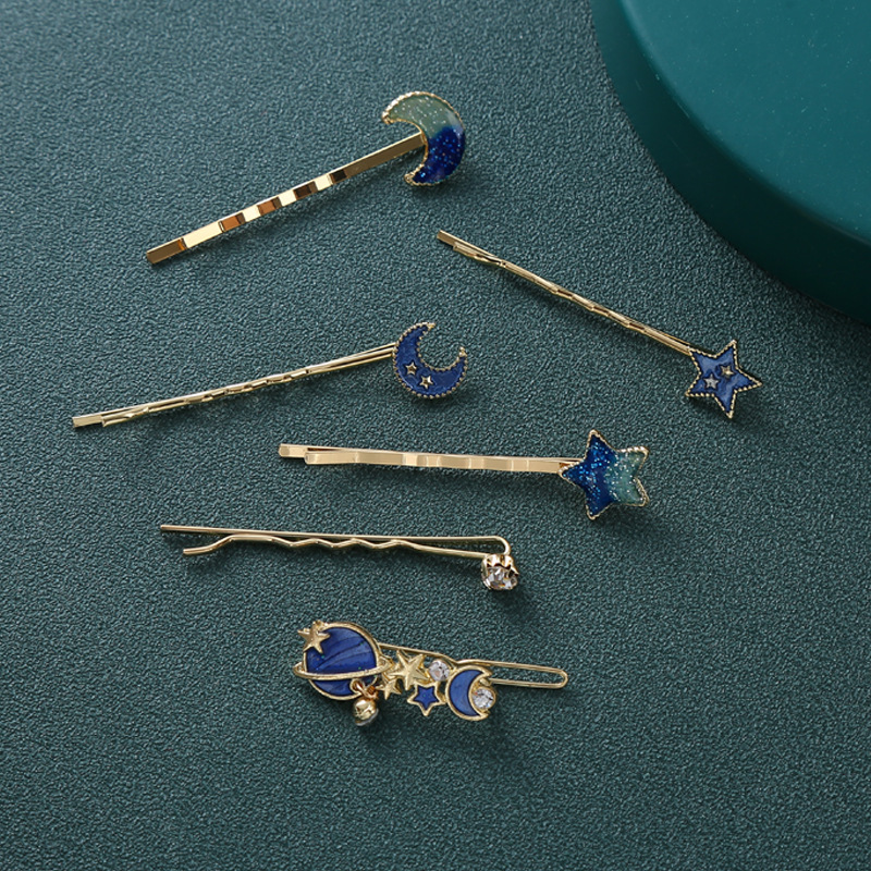 Japanese-style beautiful dreamy starry hair clip cute girl pink one-word hair clip with stars and moon, planet hair accessory wholesale