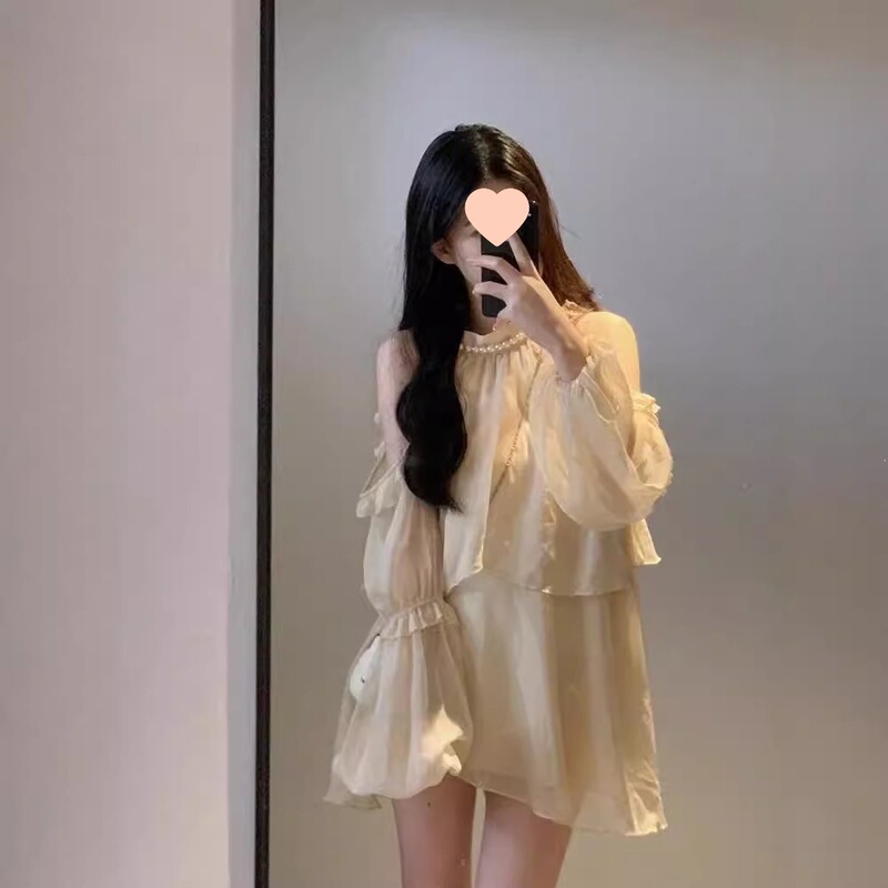 French-style heavy pearl embellished off-shoulder halter dress for women, 2026 summer new collection, sweet and gentle style, short dress for petite figures
