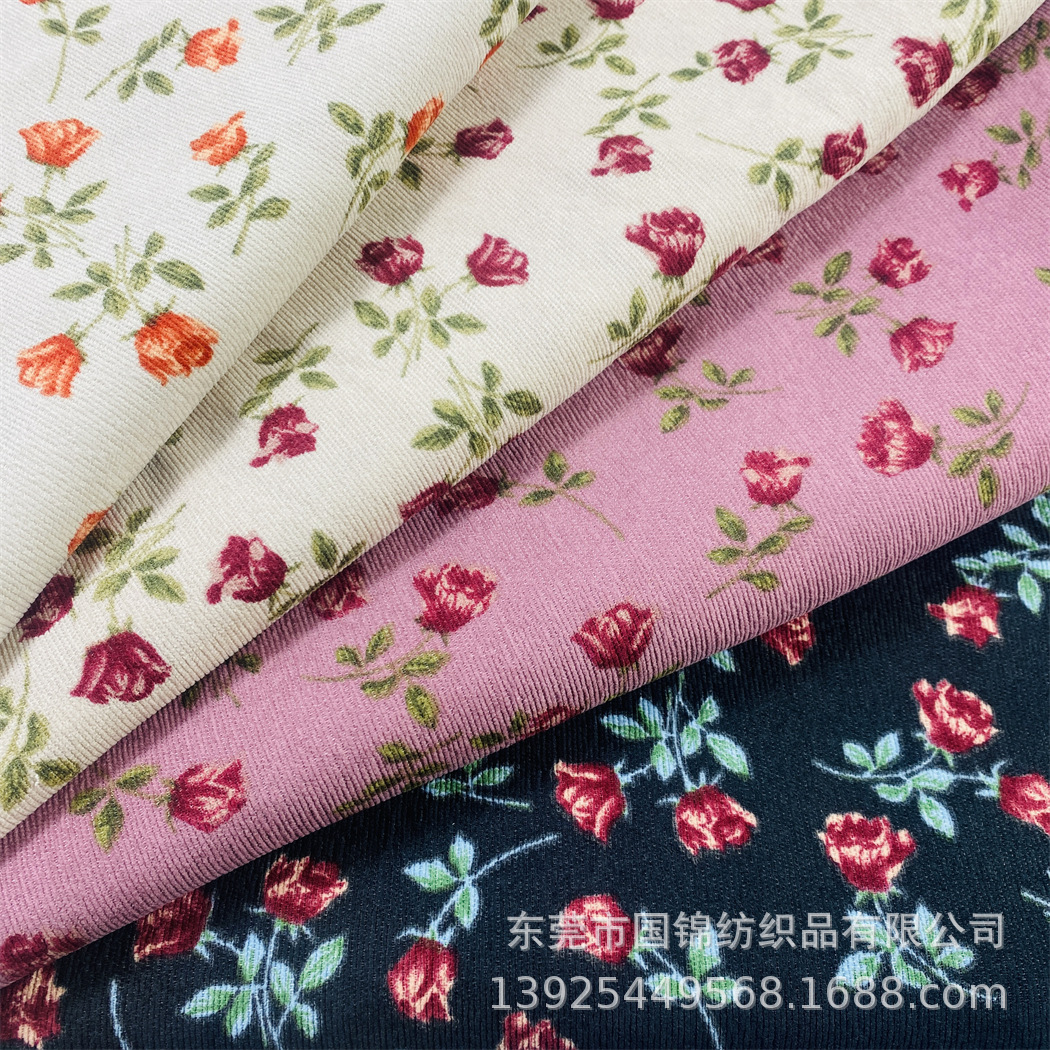 田园玫瑰印花布 锦涤21坑灯芯绒印花 秋冬新款印花服装箱包面料