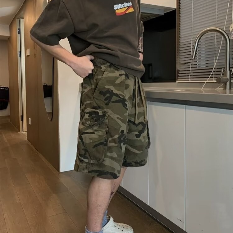Vintage Workwear Multi-Pocket Summer Camouflage Shorts Men American Style Trendy Loose Five-Point Shorts Men Street Couple Mid-Length Shorts
