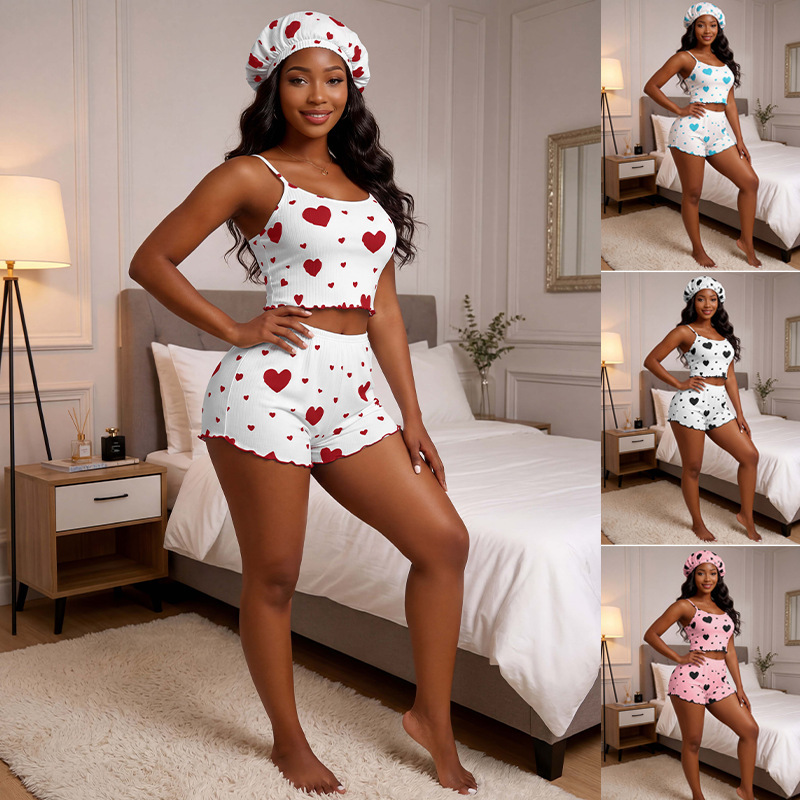 European and American Cross-Border Popular Summer Heart-Shaped Strap Pajamas for Women, String-Style Shorts, Home Wear Two-Piece Set