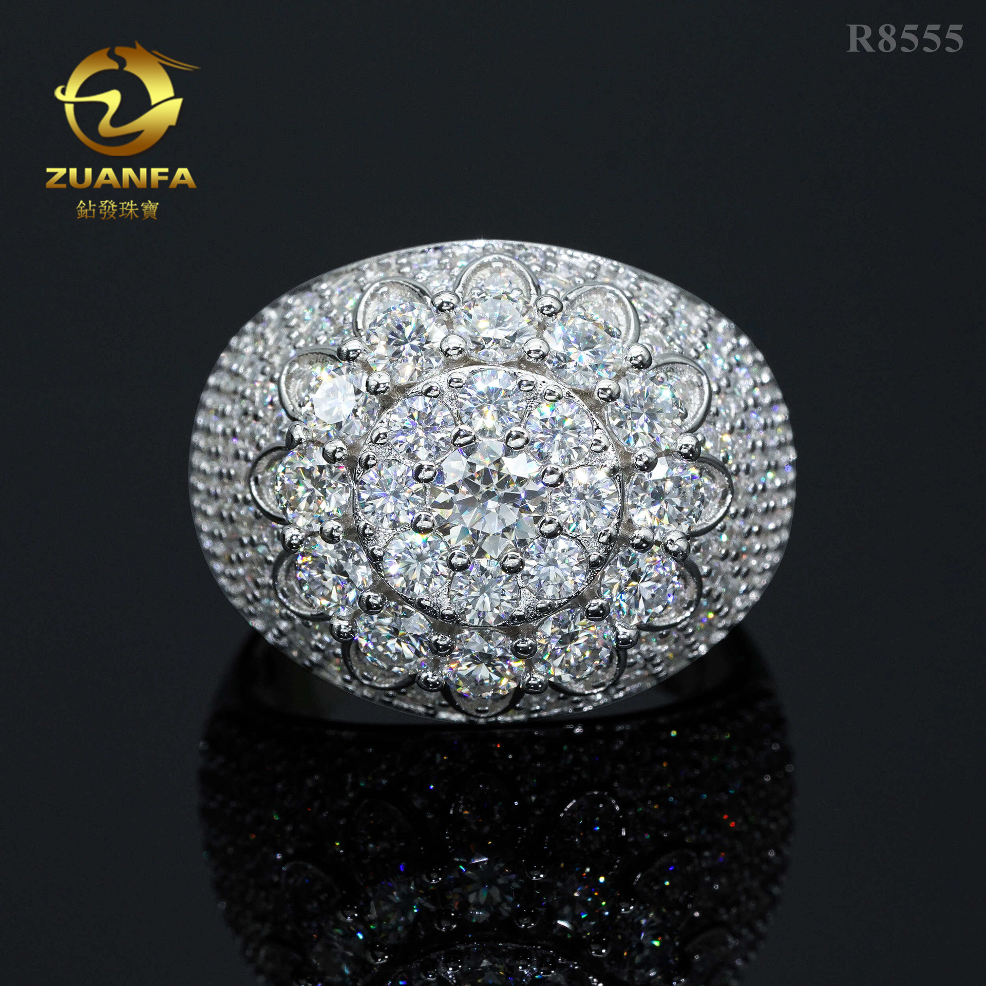 亚马逊国际站外贸热销款S925银满镶莫桑石小碎钻男士嘻哈时尚戒指