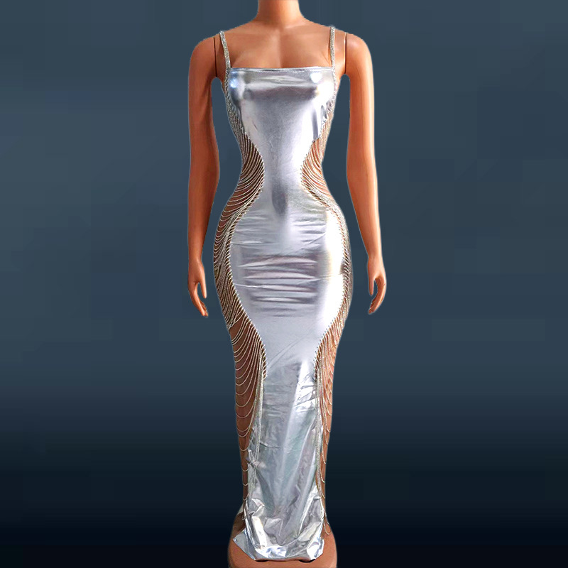 2024 Fashion Women's Silver Shiny Sexy Suspender Dress Evening Gown with Gemstone Diamond Tassel Prom Dress