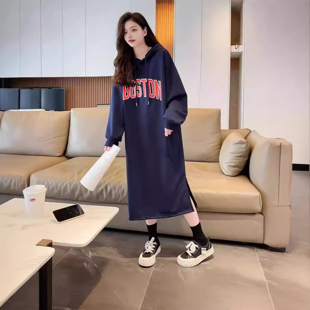 가을과 겨울 기모 긴 무릎 위 땀 원피스 편지 여성의 한국식 느슨한 두꺼운 캐주얼 긴 원피스 트렌디