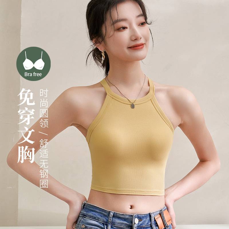 Halter camisola de las mujeres de la correa interior almohadilla del pecho desgaste exterior elegante sujetador corto de una sola pieza deportes blancos bottoming top