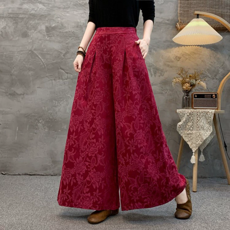 Мама средних лет в хлопчатобумажных широких брюках ретро весна и осень 2024 новые свободные жаккардовые повседневные брюки брюки с высокой талией