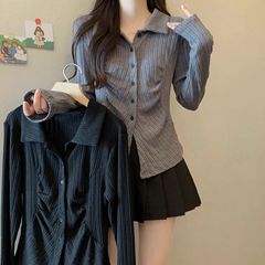 プラスサイズの女性の秋の新デザインニッチスリム長袖シャツファットmmお腹カバー痩身ポロカラートップ