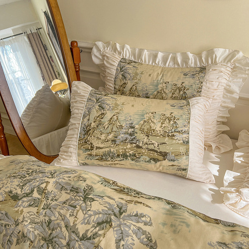 French romantic four-piece bed set, princess-style pure cotton bed skirt four-piece set, all-cotton edge quilt cover, four-piece bedding set