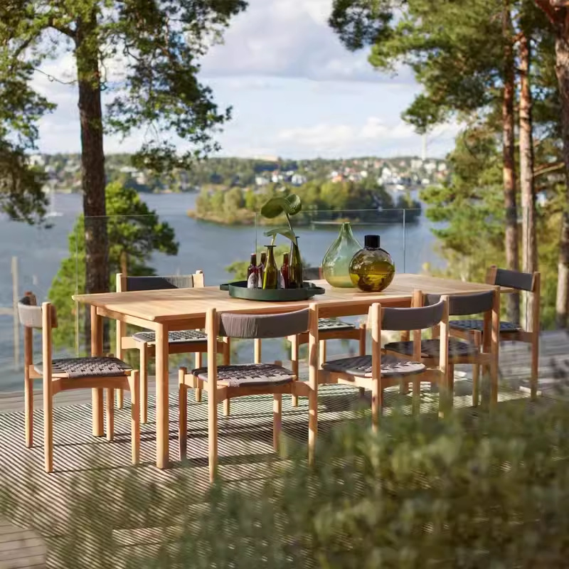 Mesas y sillas de teca al aire libre jardín patio balcón ratán tejido estilo nórdico ocio madera maciza impermeable silla de ratán combinación de tres piezas