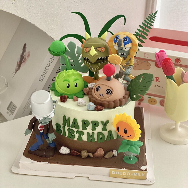 Plants Vs. Zombies Cake Decoration Ornaments Crazy Dave Cabbage Fire Dragon Grass Birthday Dessert Decoration Plug-In