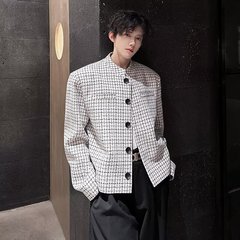 小香风短款垫肩格子外套男春秋高级感痞帅飞行夹克新中式西服上衣