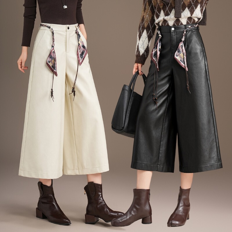 Haining Genuine Leather Cropped Pants for Women, Autumn and Winter Nine-Point Sheepskin Wide-Leg Pants, Fashionable Full Leather Petite Casual Pants Trendy