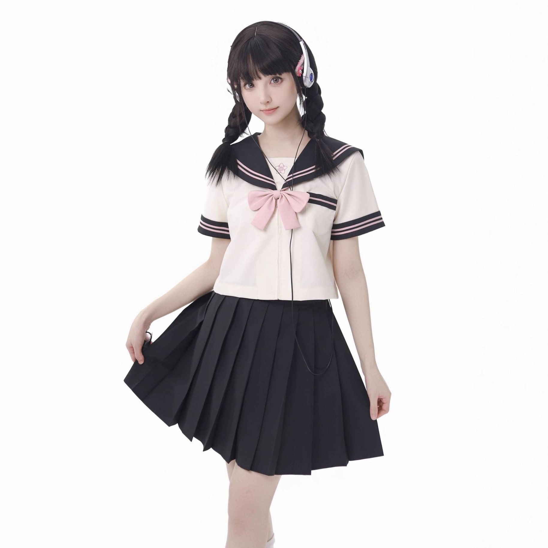 Jk Uniform Authentic Set, Long Skirt, Double-Breasted Basic Student Full Set, School Sailor Uniform, Pleated Skirt, Short Sleeves