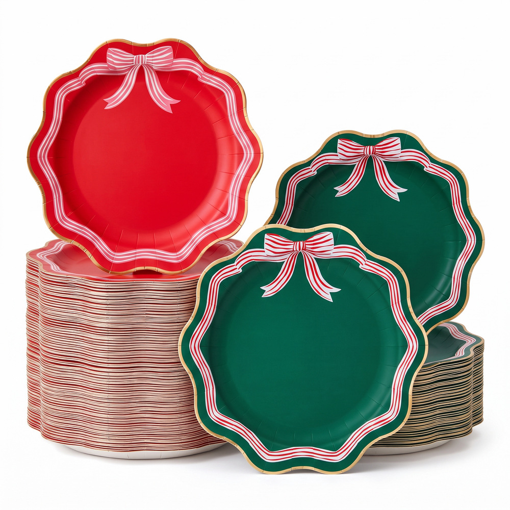 Christmas bow-shaped paper plate, gold-edged wavy edge disposable paper plate, Christmas party decoration dinner plate