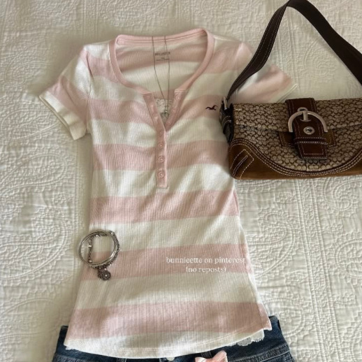2026 New Korean Style European and American Style Color-Block Striped Slim-Fit Fashionable Versatile Women's Short-Sleeve T-Shirt Top