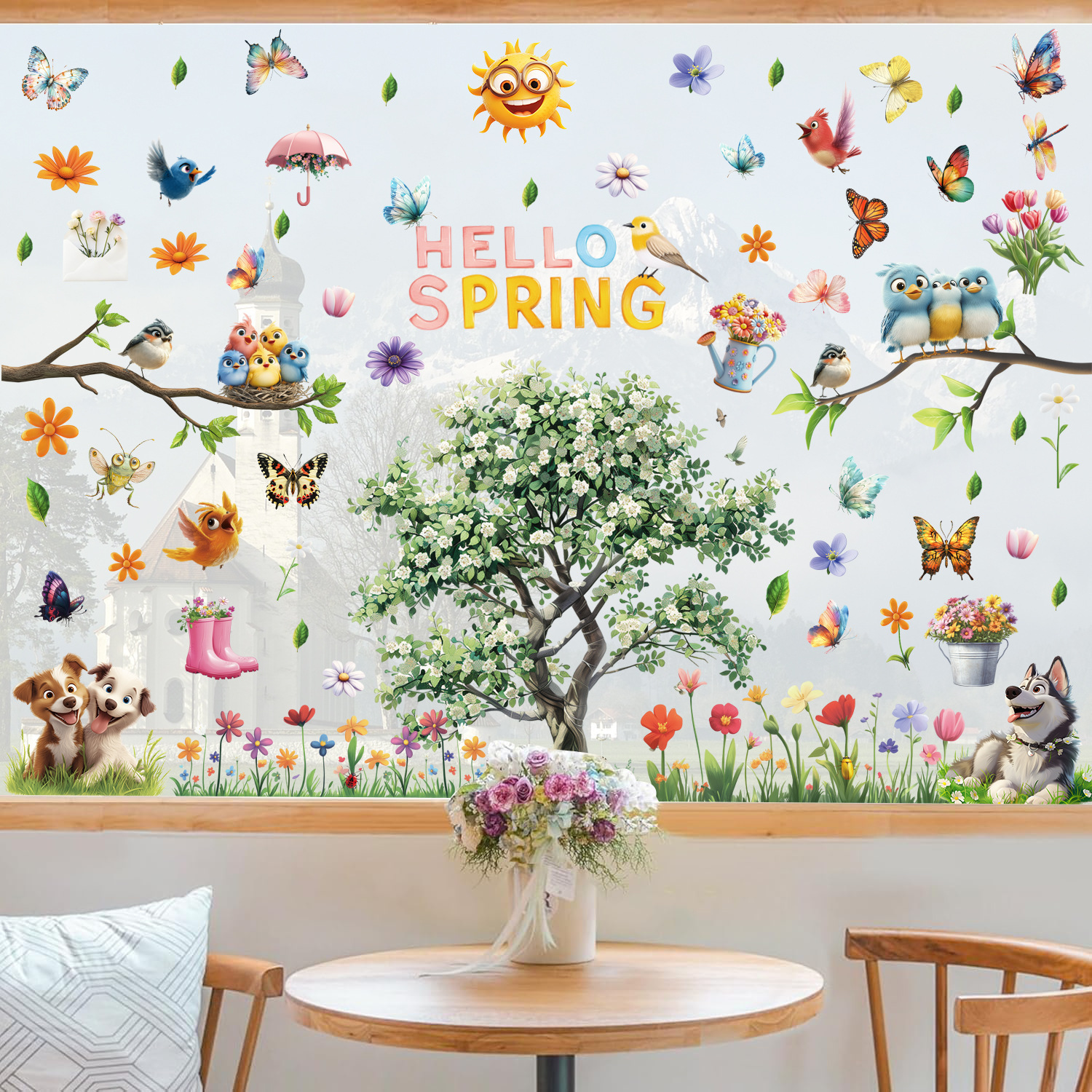 New Spring Glass Sticker Decoration Cartoon Puppy Flower Wall Sticker Spring Anti-Collision Pvc Electrostatic Window Sticker Customization