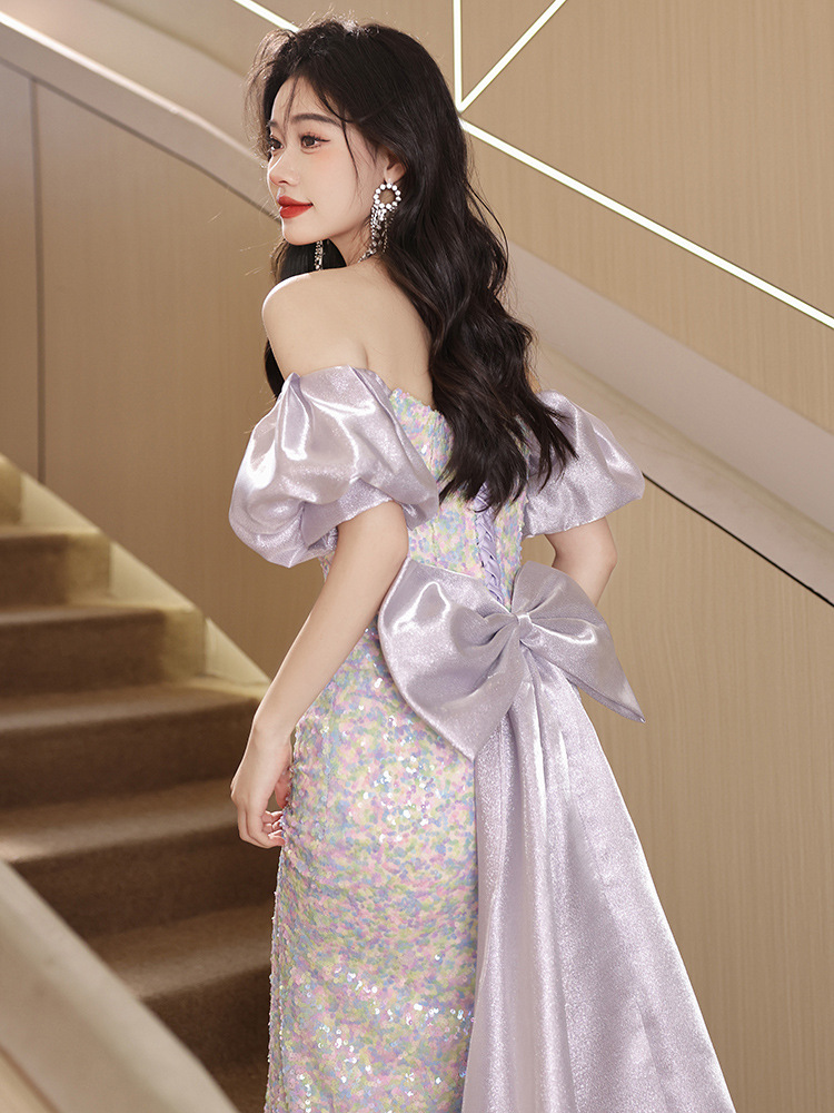 Una palabra hombro vestido de noche mujer 2026 nuevo verano lujo ligero nicho de gama alta celebridad anfitrión vestido de banquete
