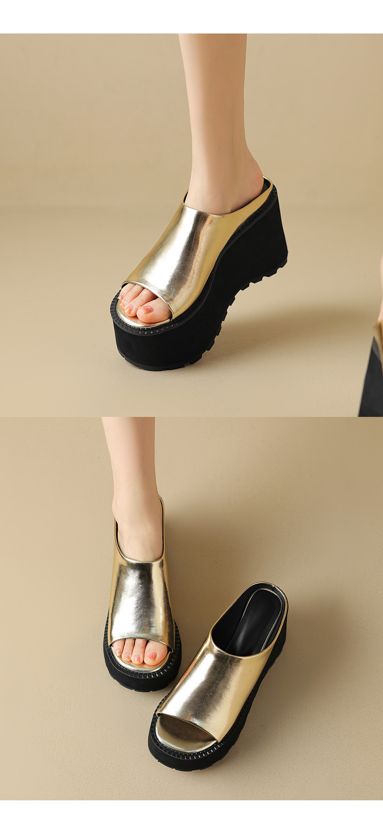 Dép sandal nữ xỏ ngón đế bệt da thật mũi hở phong cách tối giản — màu đen, màu vàng, bạc chi tiết 12