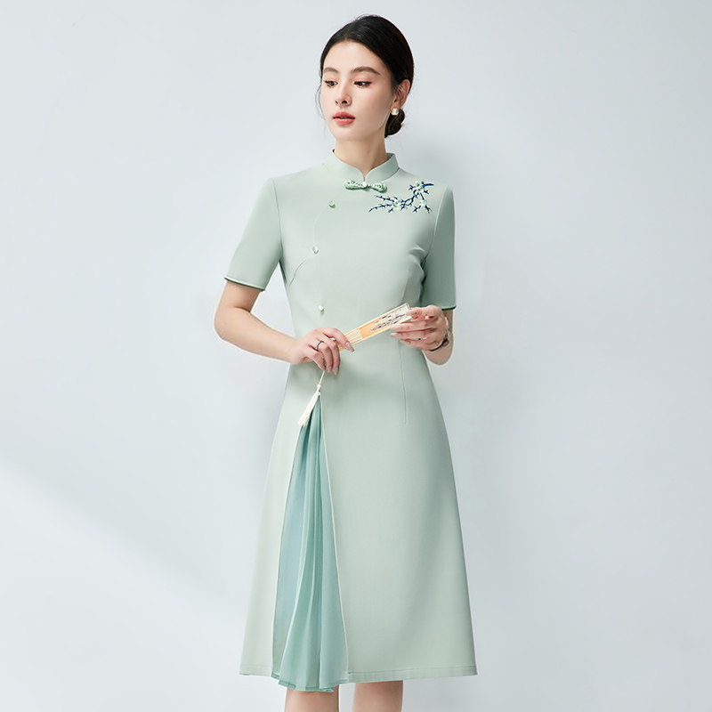 New Chinese-Style Light National Style Dress for Female Hostess, Gift for Receptionist, Tea Ceremony Hostess, Modified Cheongsam Work Uniform, Professional Dress