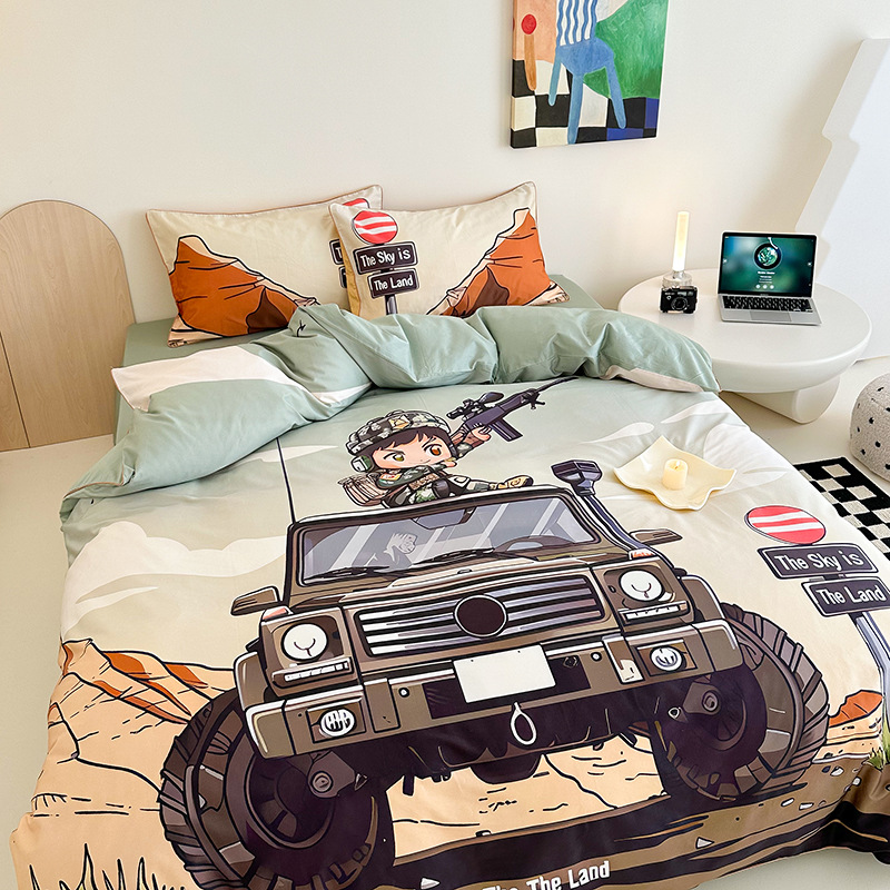 100s新疆长绒棉纯棉全棉四件套床单被套床上三件套男孩青少年汽车