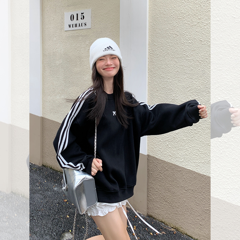 Internet Celebrity Three Bar Bow Black Sweatshirt Women's Autumn 2024 New Loose Slim Korean Style Top Coat
