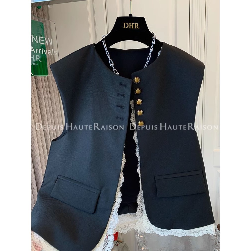 高级感超好看蕾丝假两件马夹2025拼接西装马甲背心外套上衣A3333