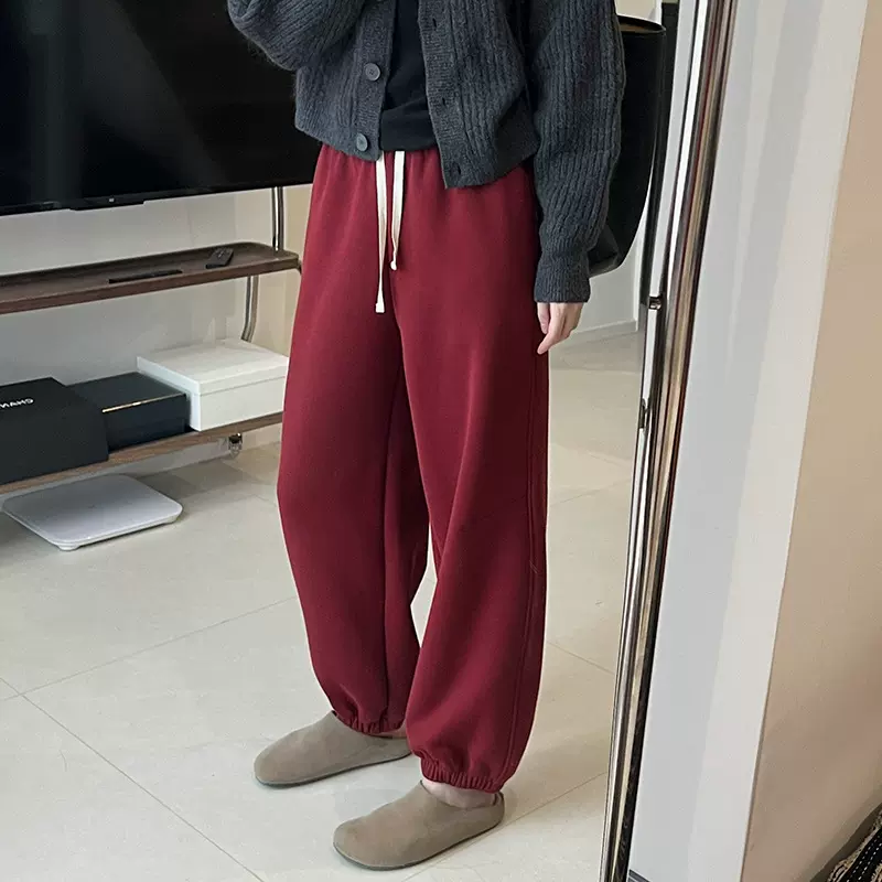 安可拉红色抽绳加厚卫裤女秋冬松紧腰宽松显瘦保暖运动休闲裤