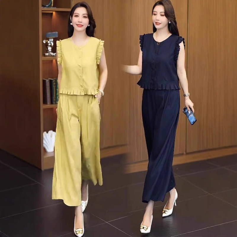 Women's Suit 2025 Summer New Style Slimming Ruffled Sleeveless Vest and Wide-Leg Pants Two-Piece Set Clearance Sale Women's Suit 2025 Summer New Style Slimming Ruffled Sleeveless Vest and Wide-Leg Pants Two-Piece Set Clearance Sale