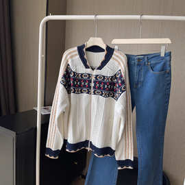 25早秋慵懒复古风费尔岛提花毛衣女时尚镂空氛围感毛衣针织开衫