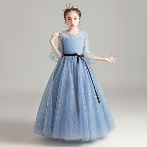 Children's Long Sleeve Dress 2024 New Style Trendy Flower Girl Host Piano Performance Dress