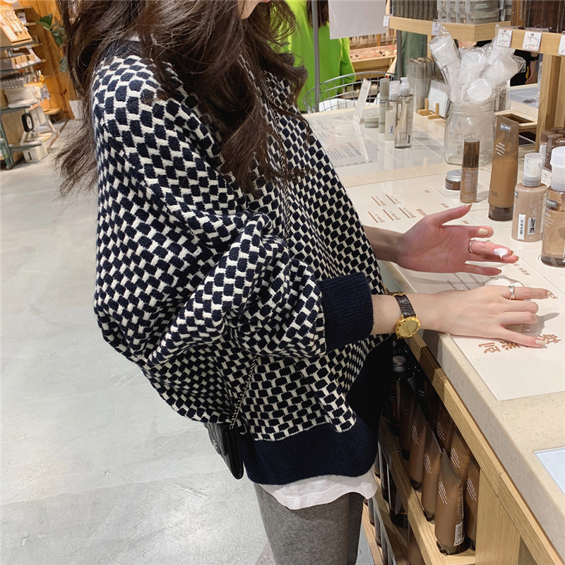 迷人格子套头毛衣女 秋冬新款软糯针织打底衫韩版马赛克圆领毛衣