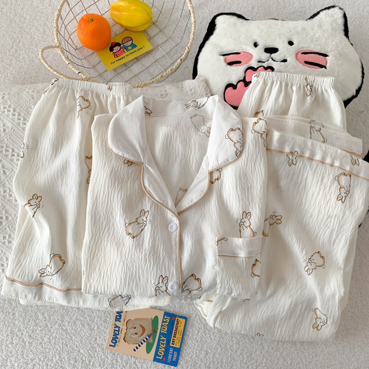 Pijamas de amor dulce de color, pantalones de manga corta de hilo de algodón de nube de verano para mujer, cárdigan de tres piezas, servicio a domicilio