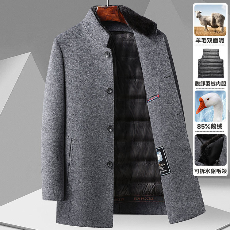 Men's Mid-Length Mink Fur Zhongshan Suit with Detachable Goose Down Lining and Double-Faced Wool Coat for Autumn and Winter