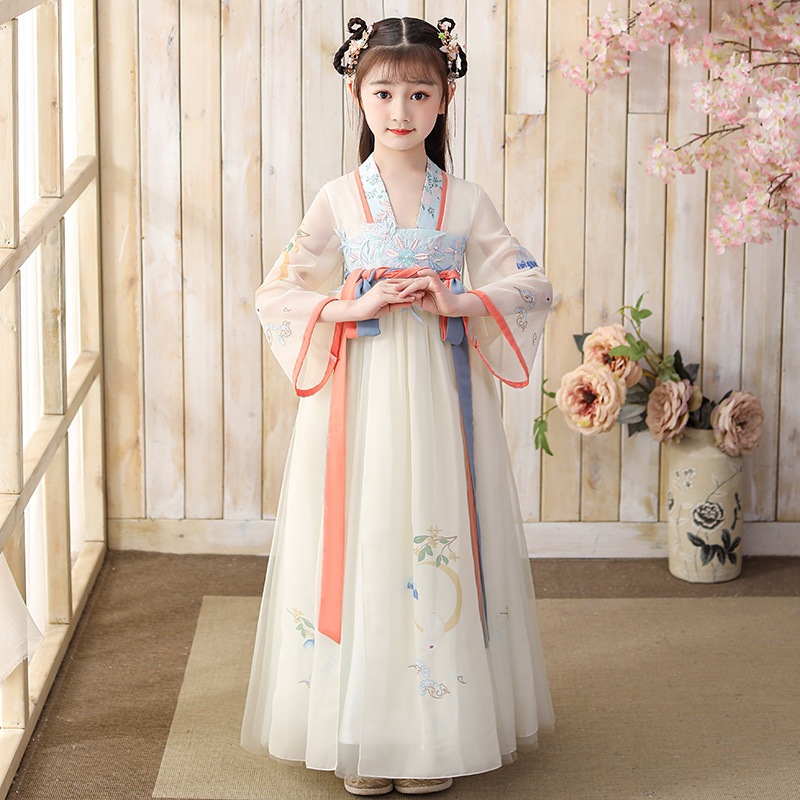 Girls' Chinese Style Super Fairy Ancient Clothing Hanfu Summer Children's Antique Tang Suit Little Girl's Breathable Light Yarn Skirt Spring and Autumn