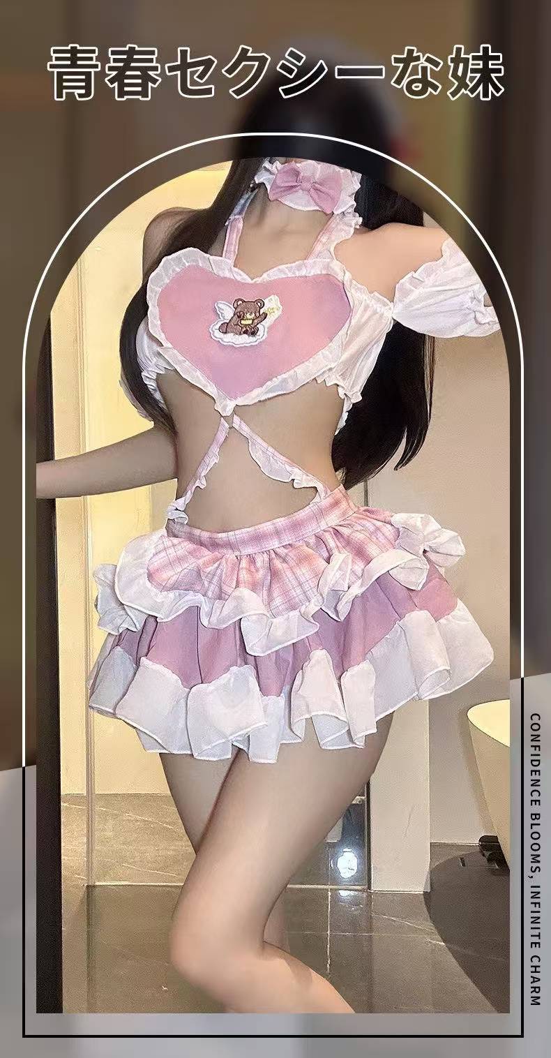 Moe Q Maid Uniform Lingerie Set with White Bodystocking, Chiffon Fabric — detail image 2